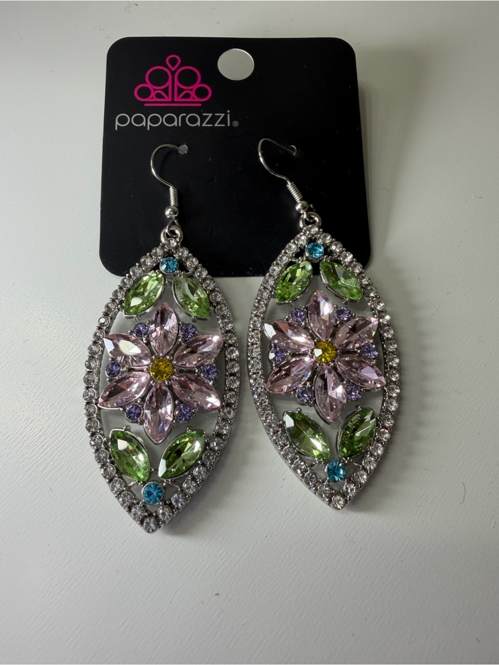 Paparazzi Pink, Green & Blue Floral Crystal Drop Earrings